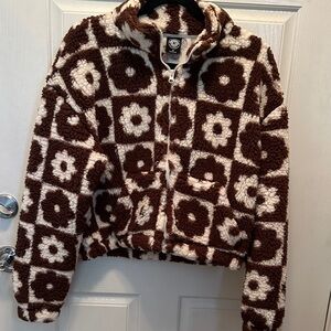 PacSun Brown and Cream Flower Patterned Fleece Jacket Size Small